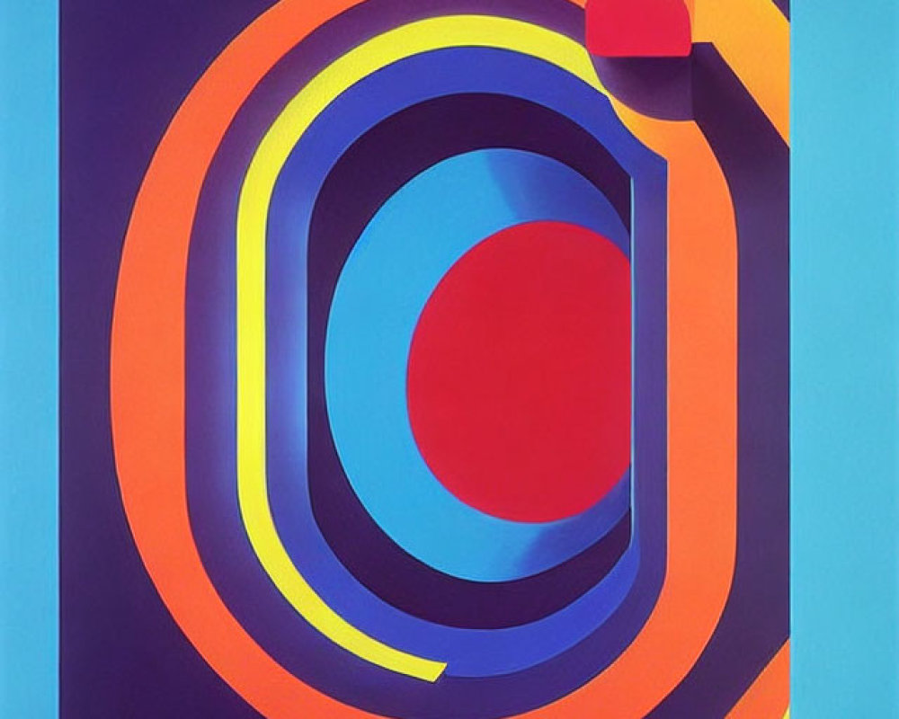 Vibrant concentric geometric shapes in blue, orange, and red on light blue background