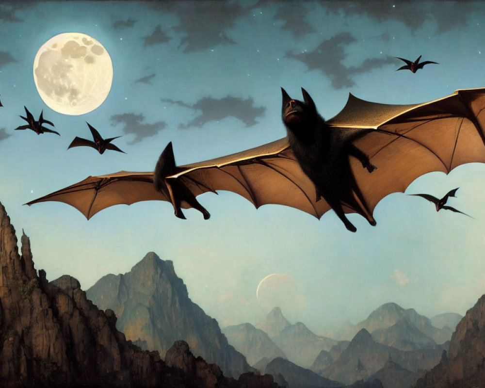 Twilight sky with full moon and bats over mountains