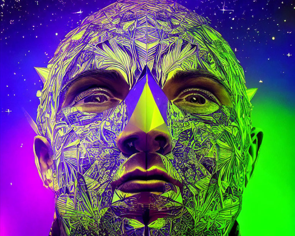 Colorful geometric patterns overlay a person's face on a starry purple and green background