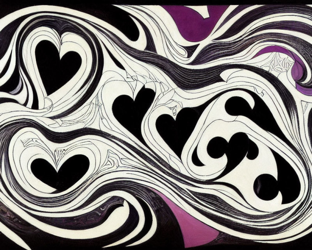 Abstract Art Piece: Black and White Swirls with Purple Heart Shapes