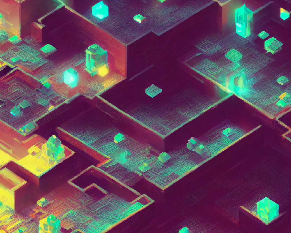 Colorful digital artwork: Maze structure with neon crystals & circuitry patterns