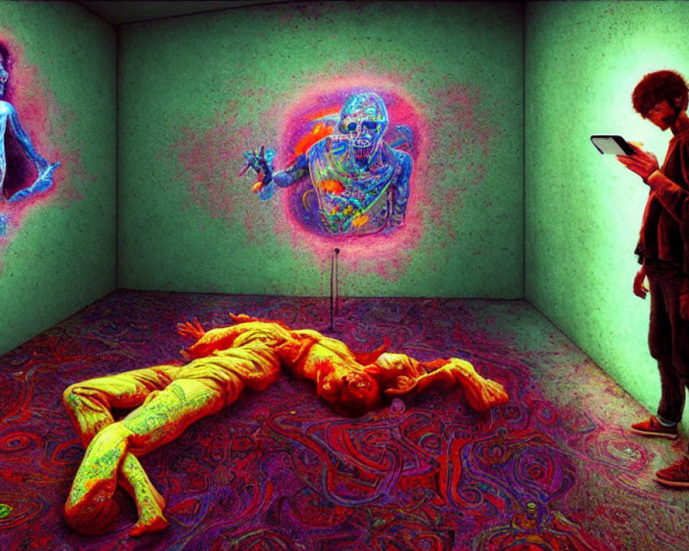 Colorful Psychedelic Scene with Person on Patterned Floor and Tablet Observer