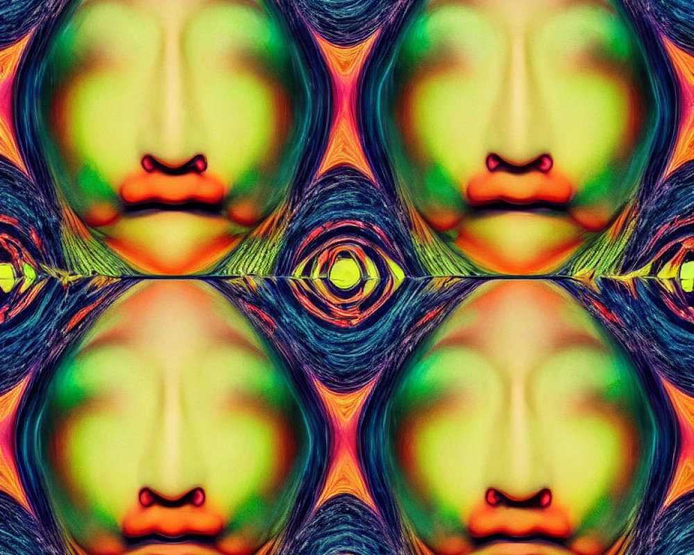 Colorful abstract kaleidoscopic patterns with distorted face-like shapes.