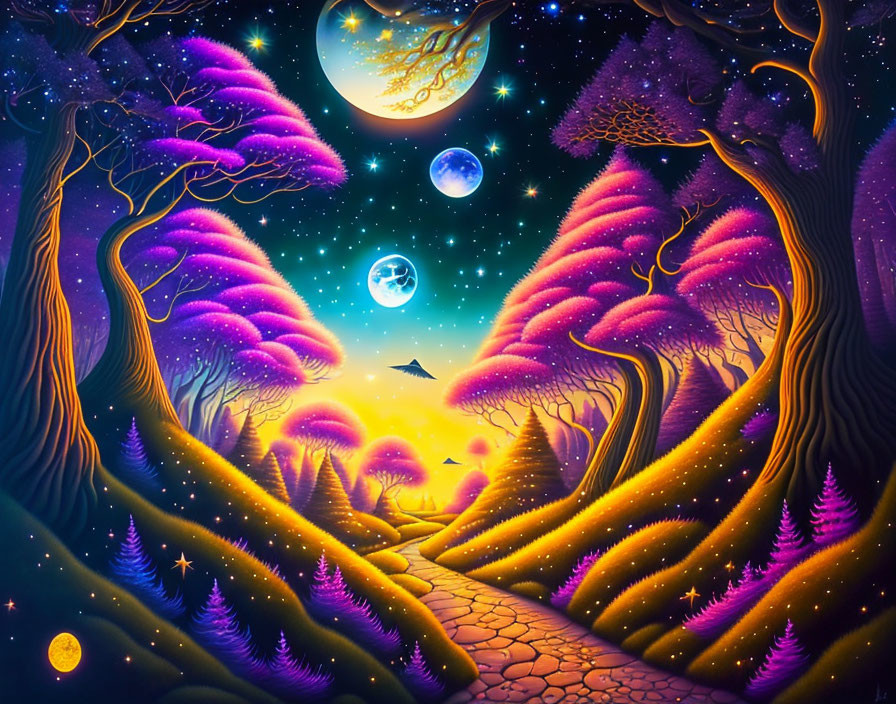 Fantasy landscape with purple trees, glowing orbs, and moon.