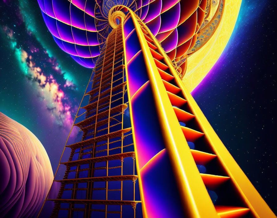 Futuristic tower artwork with glowing edges in cosmic backdrop