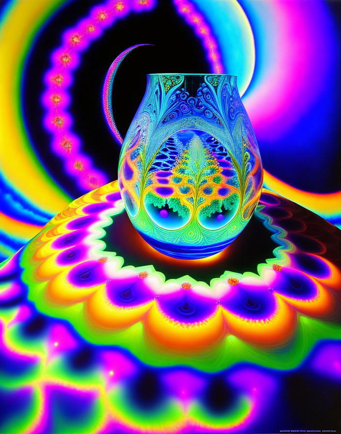 Colorful Psychedelic Digital Artwork with Vase-Like Object and Fractal Designs