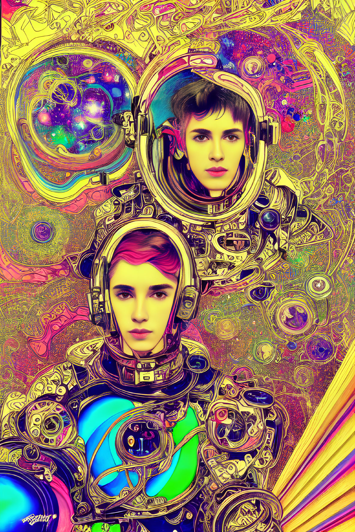 Colorful, detailed spacesuits in cosmic setting