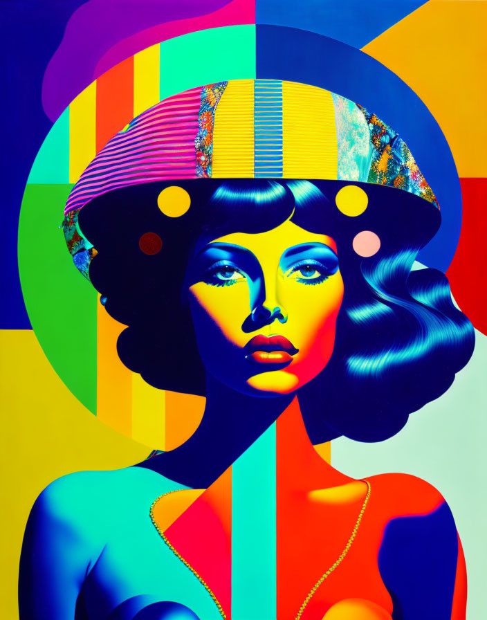 Colorful digital artwork: Woman with blue skin and wavy hair in vibrant hat on geometric backdrop