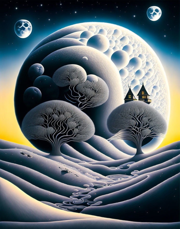 Surreal landscape with stylized trees, winding stream, small house, moons under night sky