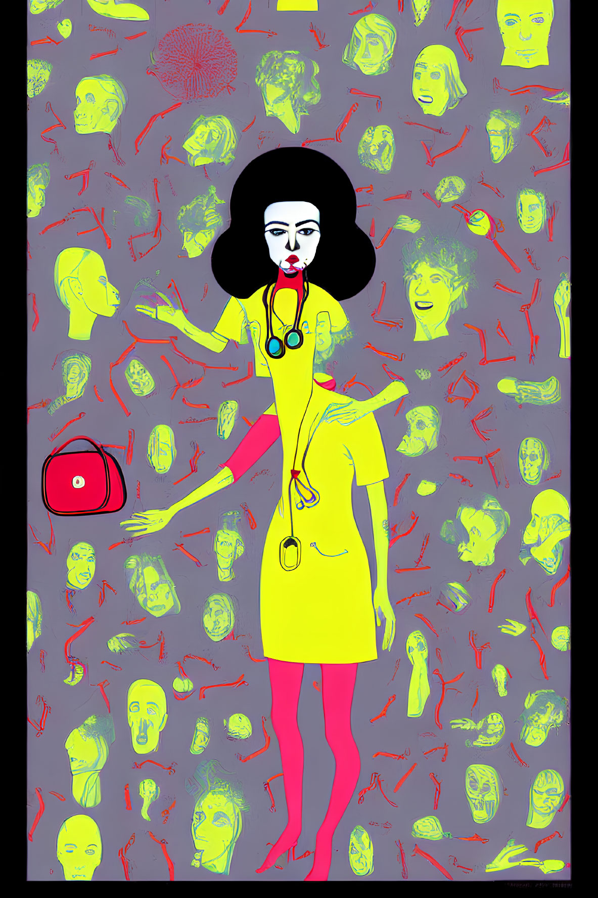 Colorful illustration: Woman in yellow dress and stethoscope surrounded by abstract faces and medical tools on