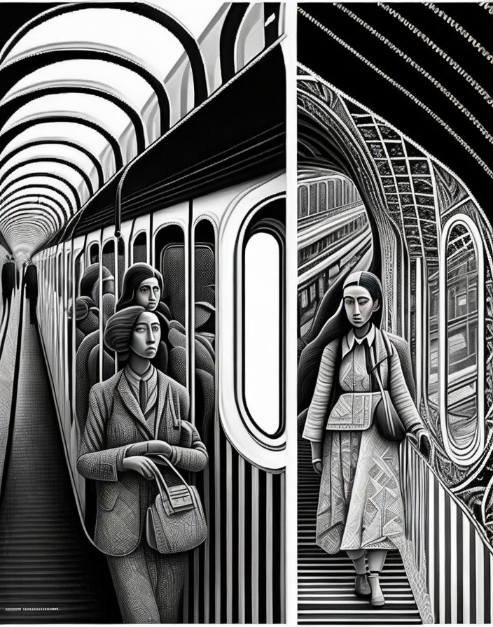 Stylized black and white subway illustration with passengers and architectural patterns