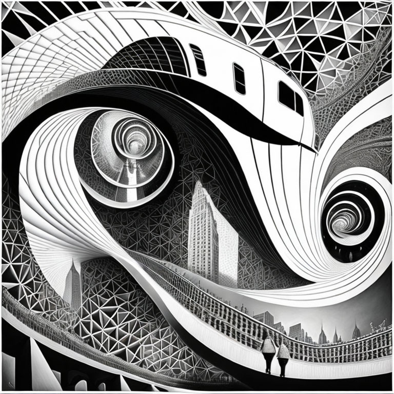 Monochromatic surreal illustration of swirling patterns and iconic buildings