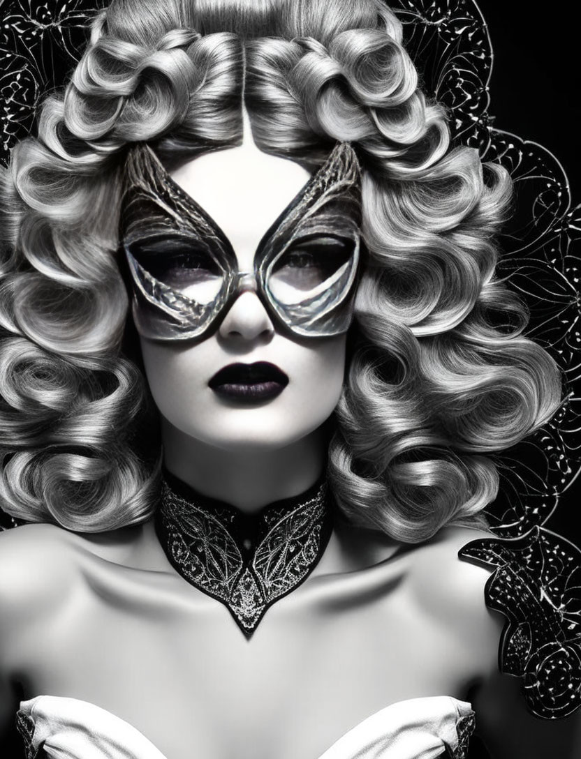 Monochrome image of woman with curly hair and mask on black background