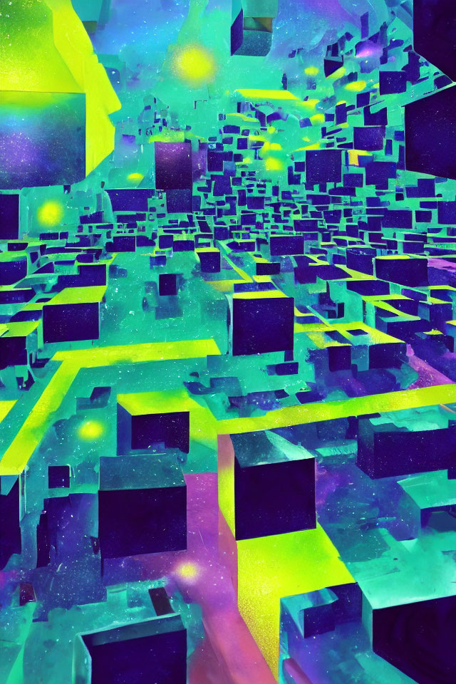 Vibrant surreal landscape with floating geometric cubes in purple, blue, and yellow.