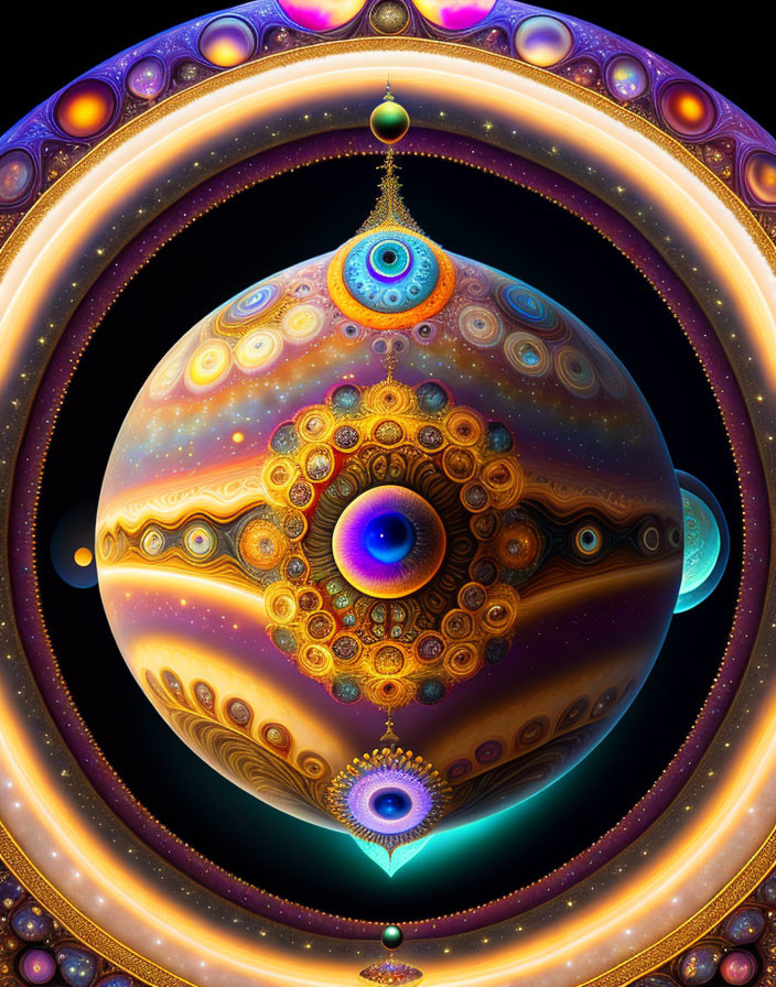 Colorful Fractal Art: Central Sphere with Eye Motifs