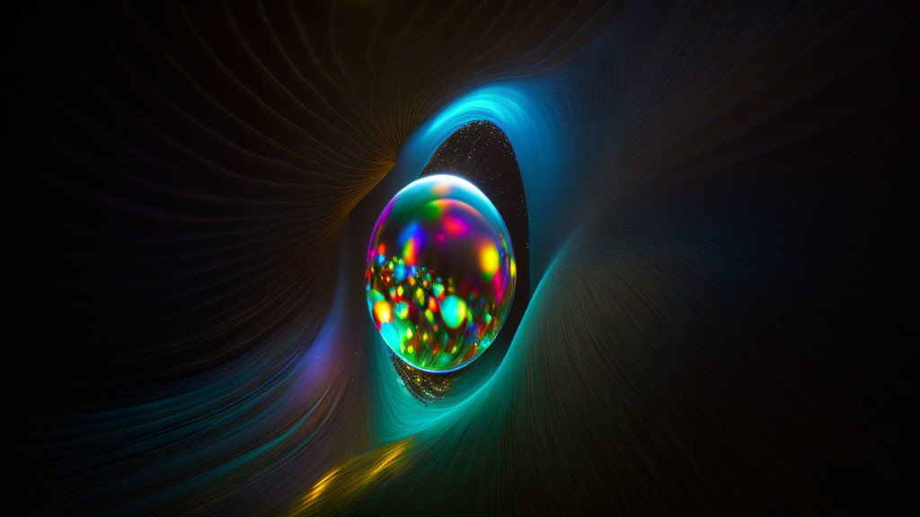 Colorful iridescent sphere with flowing lines and waves in digital artwork