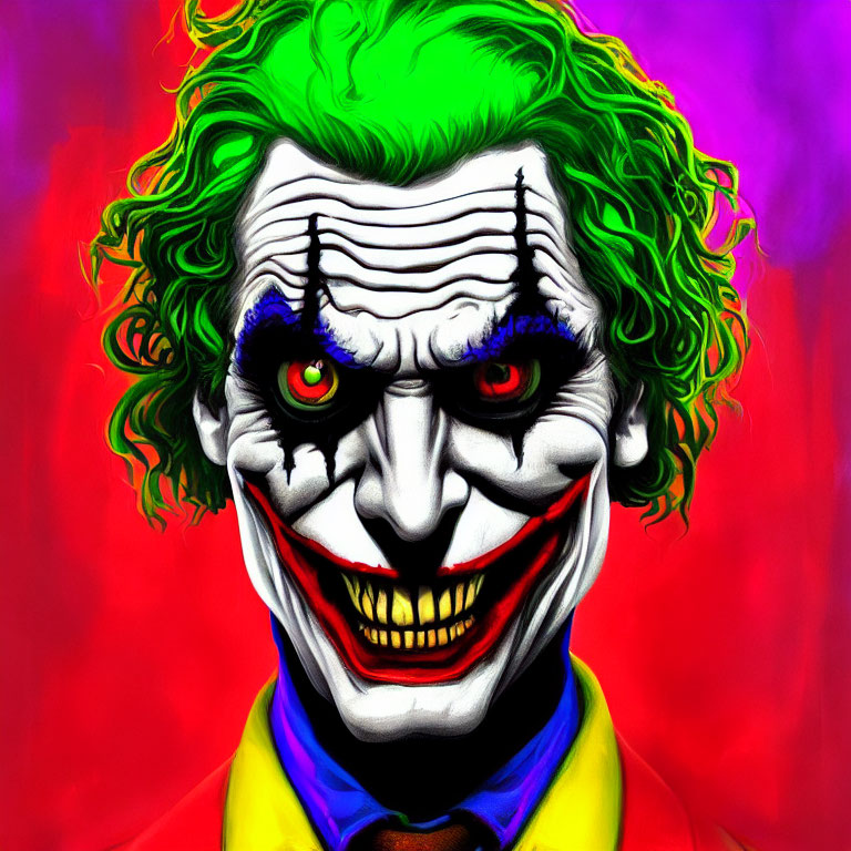 Colorful Joker painting with red eyes and grin on purple-red backdrop