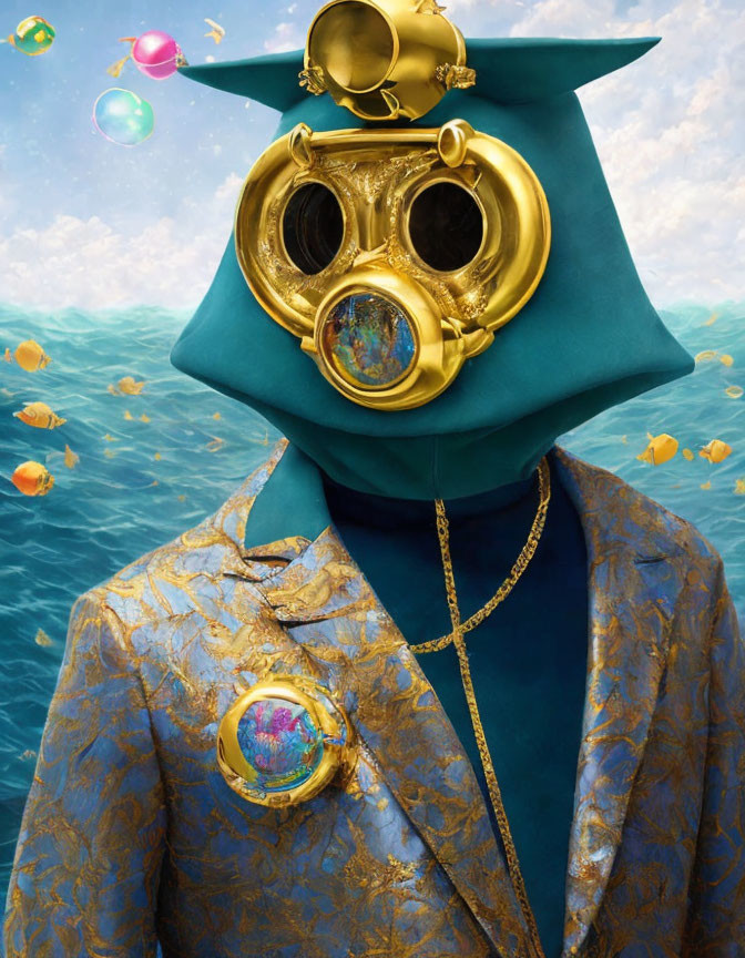 Surreal figure in diver's helmet and gold-patterned blazer by sea with bubbles and jelly