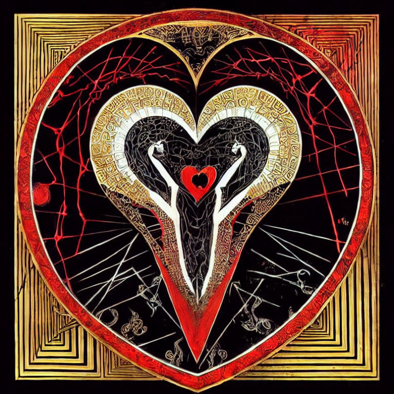 Colorful Heart Artwork with Intricate Designs in Red, Black, and Gold