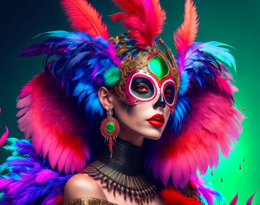 Colorful Feathered Mask with Red and Blue Hues and Green Eye Design