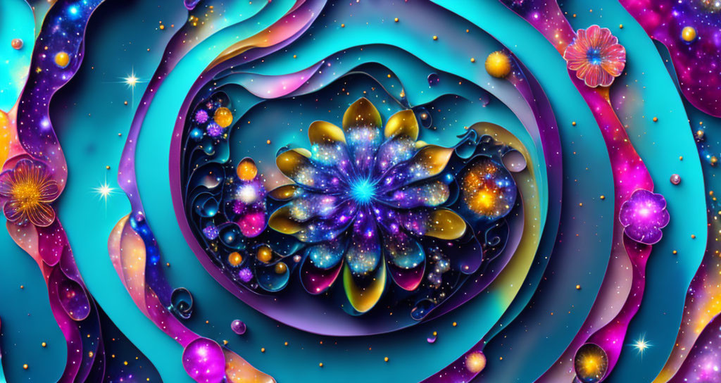 Colorful Cosmic Mandala with Swirling Patterns and Stars