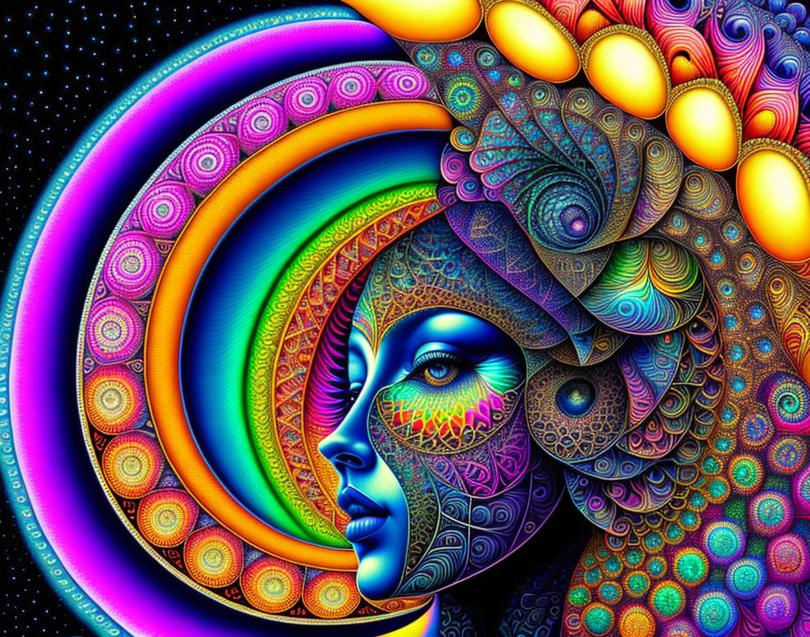 Colorful Psychedelic Female Profile Artwork with Cosmic Background