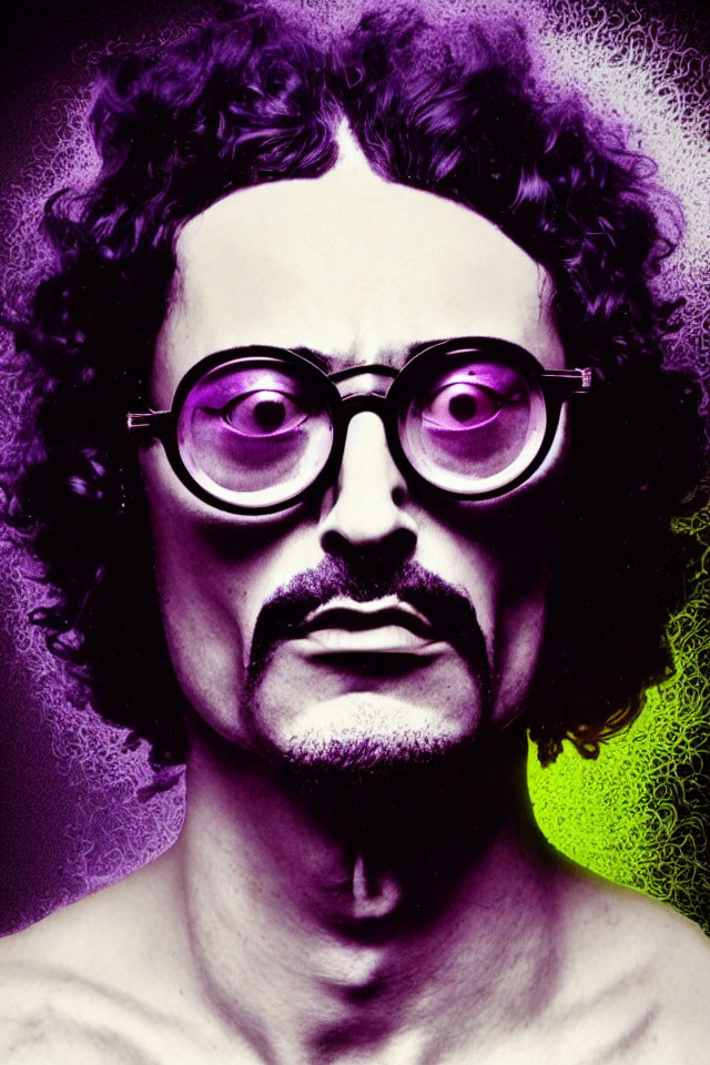 Stylized portrait of person with round glasses and curly hair on psychedelic background