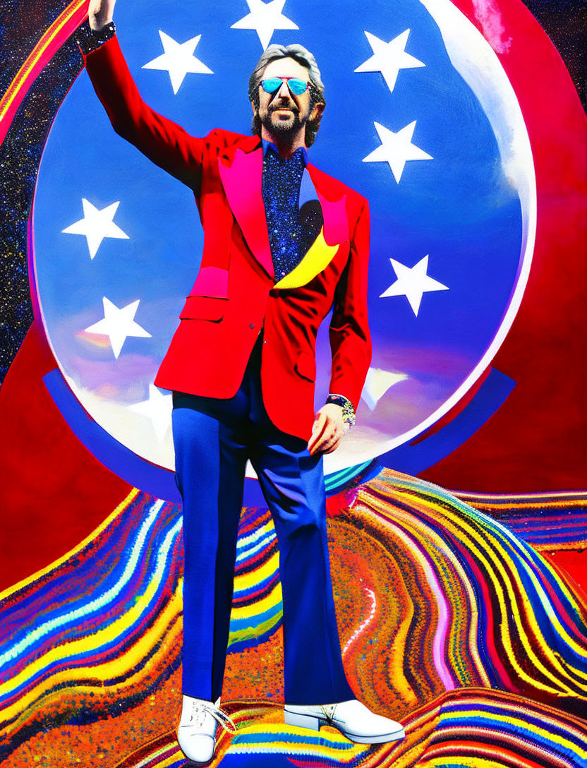 Man in Vibrant Red Blazer and Blue Trousers Poses Against Psychedelic Star Background