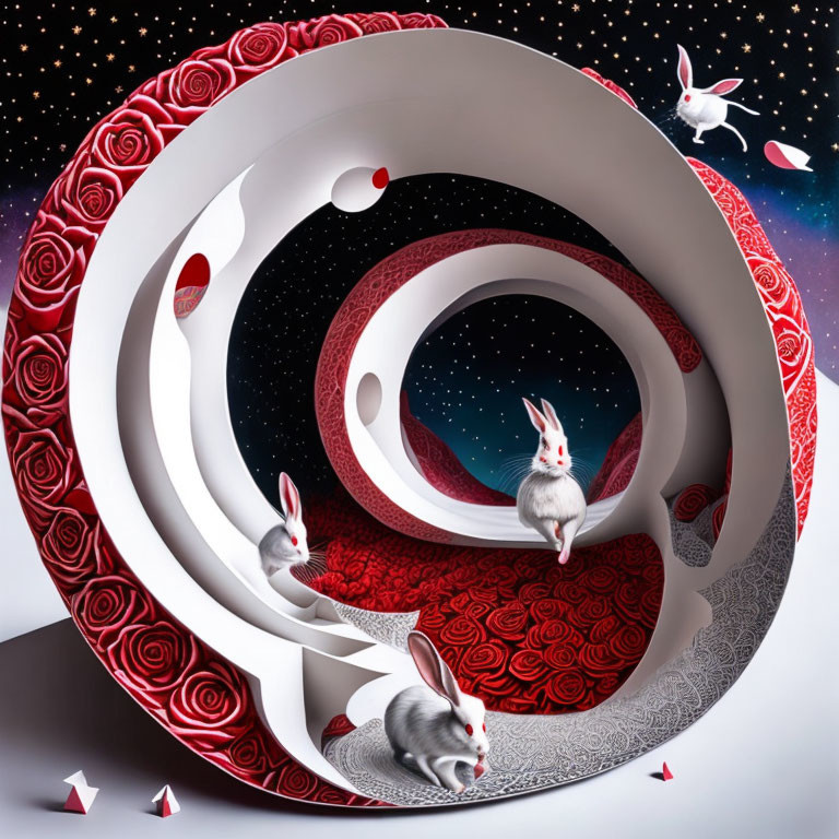 Surreal illustration of three rabbits on abstract spirals with red roses, geometric patterns, and star