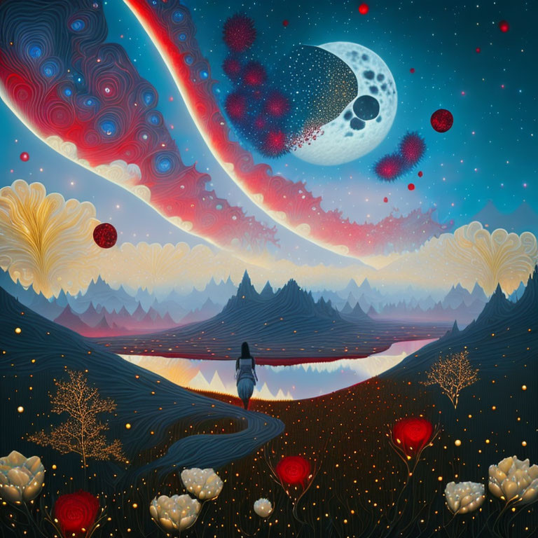 Surreal landscape with solitary figure, vibrant flora, river, and celestial bodies