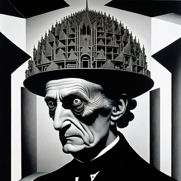 Portrait of a solemn man with a cathedral hat design