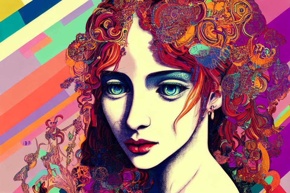 Detailed digital art of woman with ornate hair & blue eyes on colorful abstract backdrop