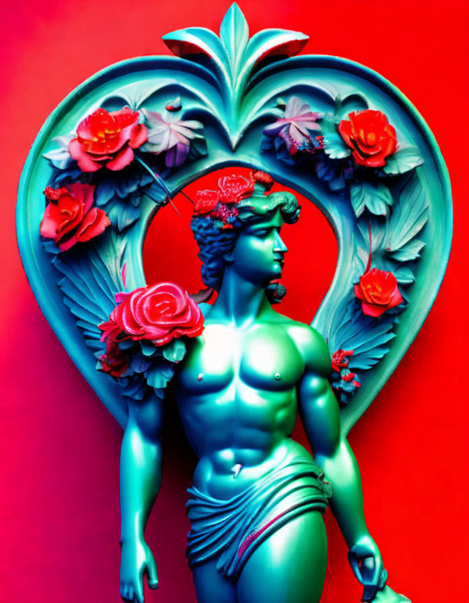 Classical figure sculpture with heart-shaped floral backdrop in red and turquoise.