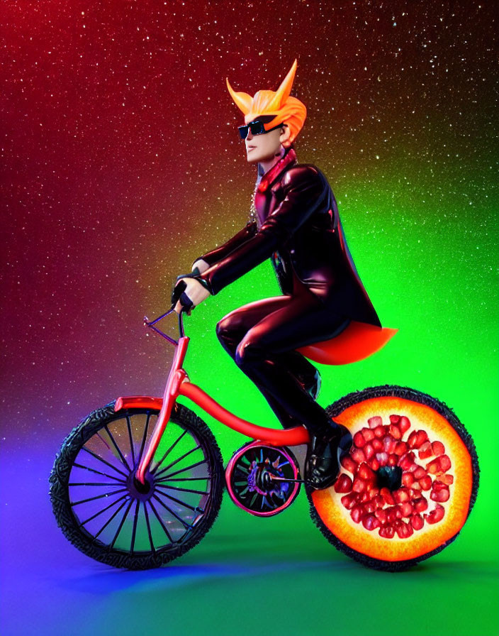 Futuristic figure in gold helmet rides pomegranate slice bike