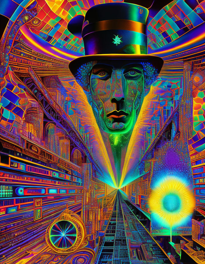 Colorful Psychedelic Image of Face with Top Hat and Geometric Patterns