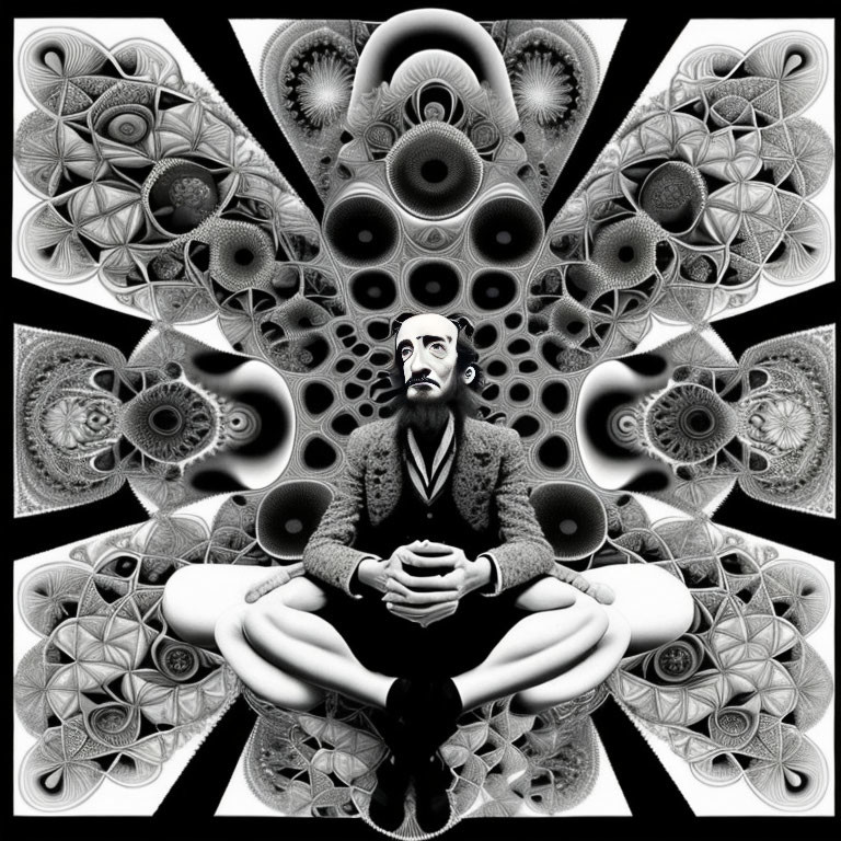 Monochrome image of seated man with beard in center, surrounded by intricate fractal patterns and symmetrical