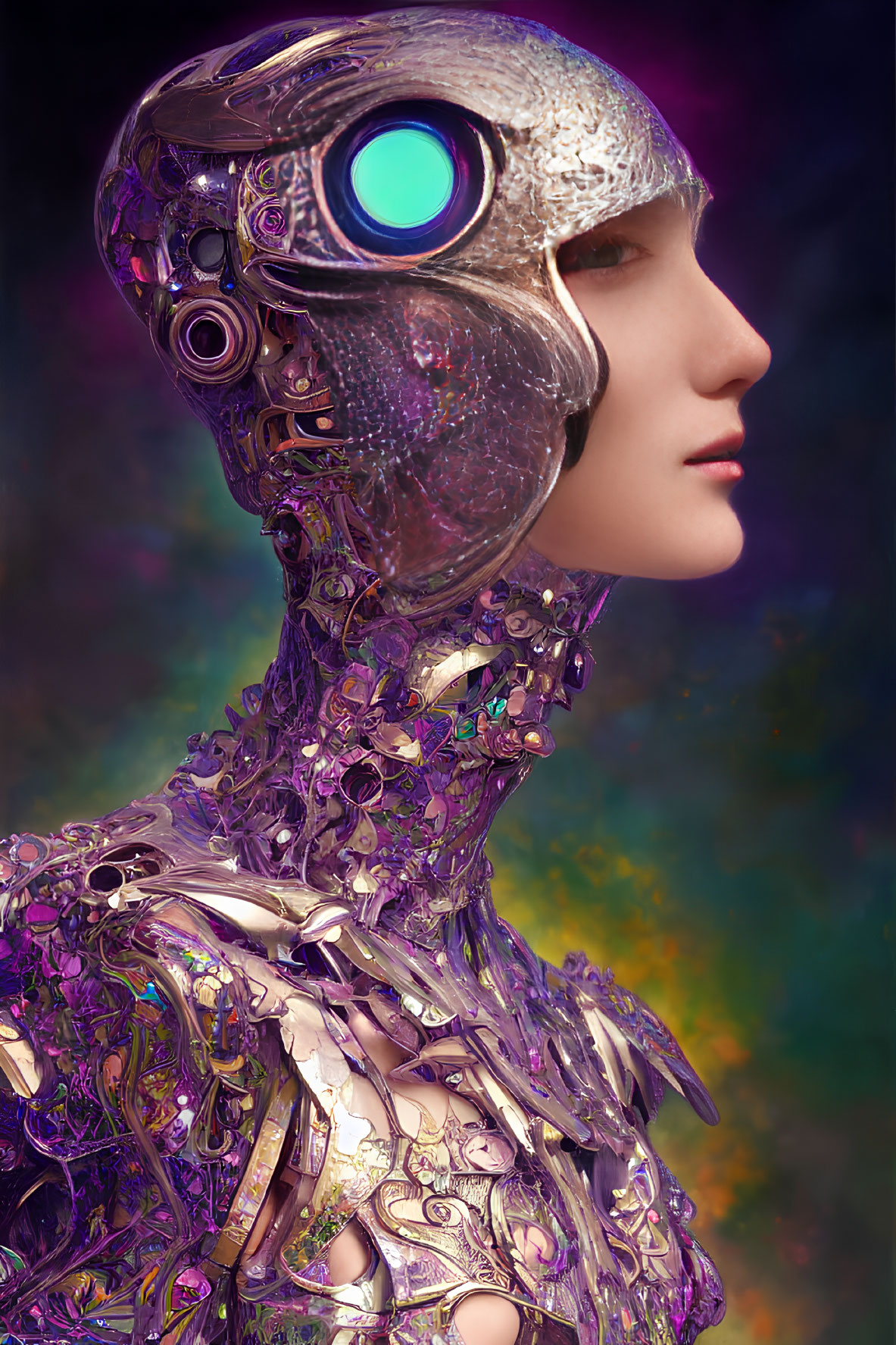 Futuristic humanoid with mechanical head and purple details on colorful background