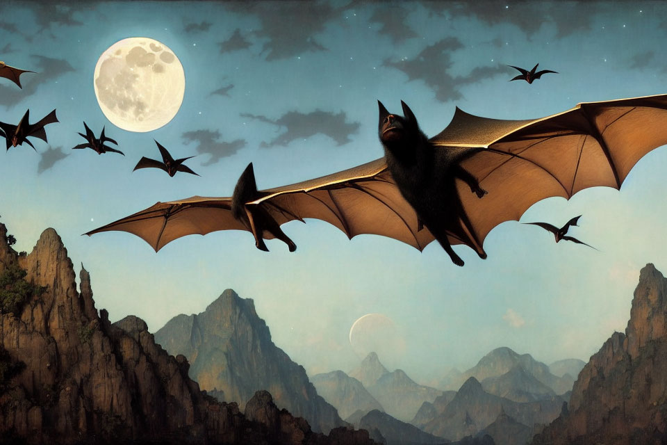 Twilight sky with full moon and bats over mountains