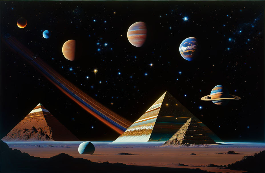 Surreal Landscape with Egyptian Pyramids and Celestial Bodies