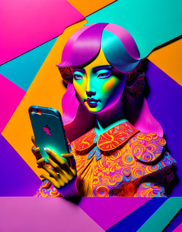 Colorful digital art of a woman with pink hair in a selfie pose, against a geometric background