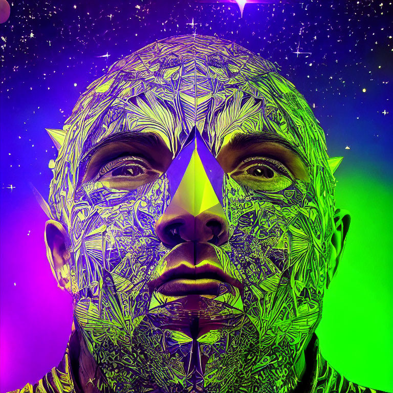 Colorful geometric patterns overlay a person's face on a starry purple and green background