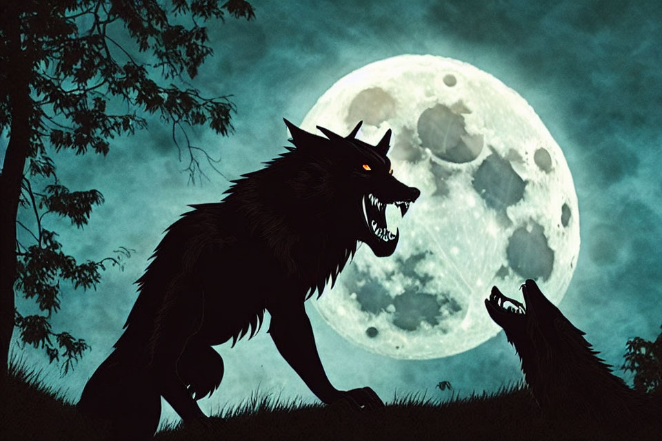 Werewolf and Wolf Silhouettes Howling at Full Moon