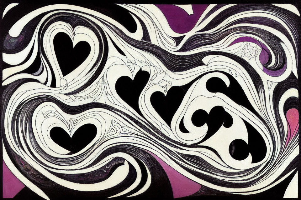 Abstract Art Piece: Black and White Swirls with Purple Heart Shapes