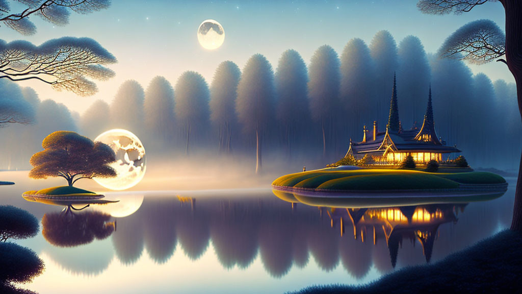 Moonlit temple reflection in misty forest island landscape