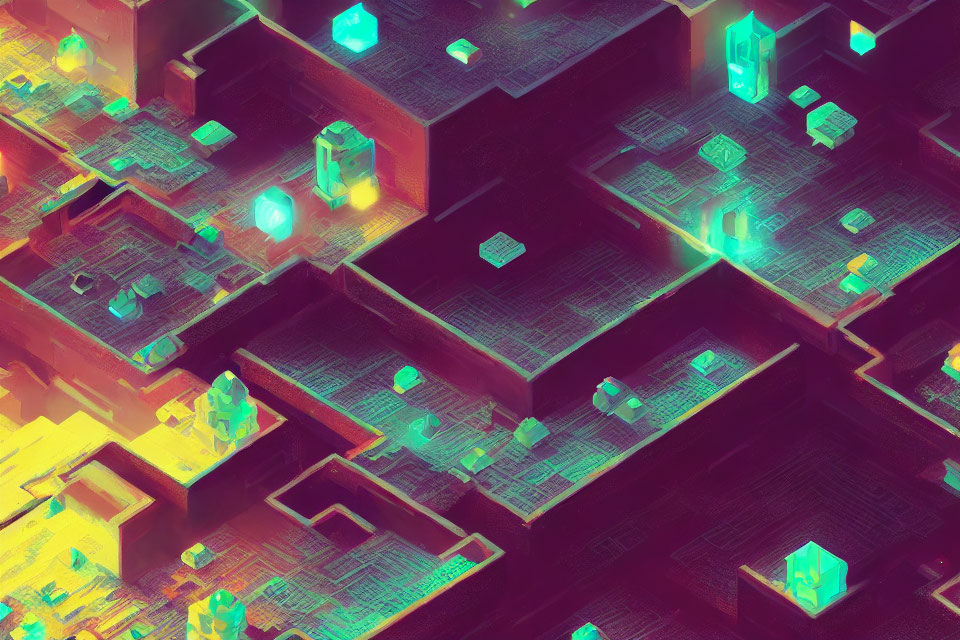 Colorful digital artwork: Maze structure with neon crystals & circuitry patterns