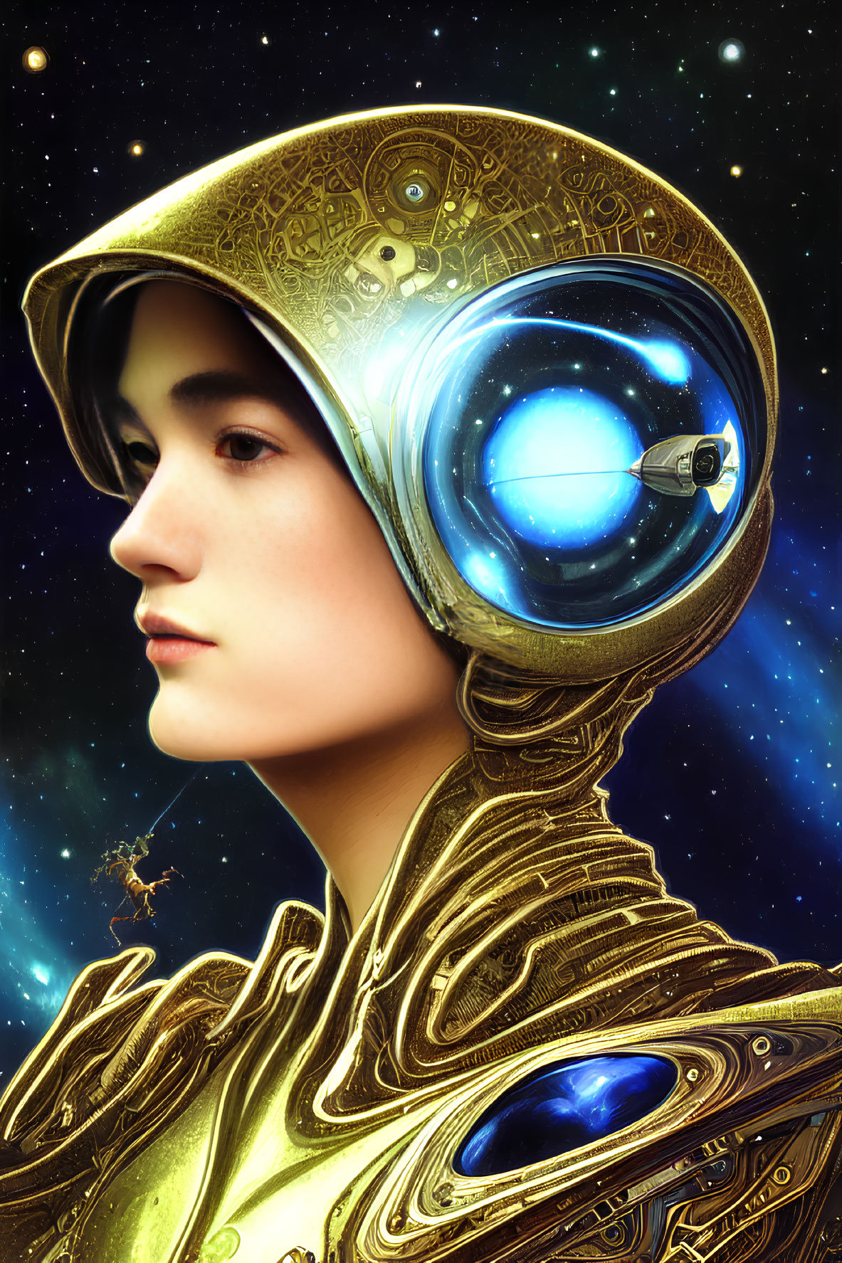 Golden astronaut suit with reflective helmet in space orbit scene