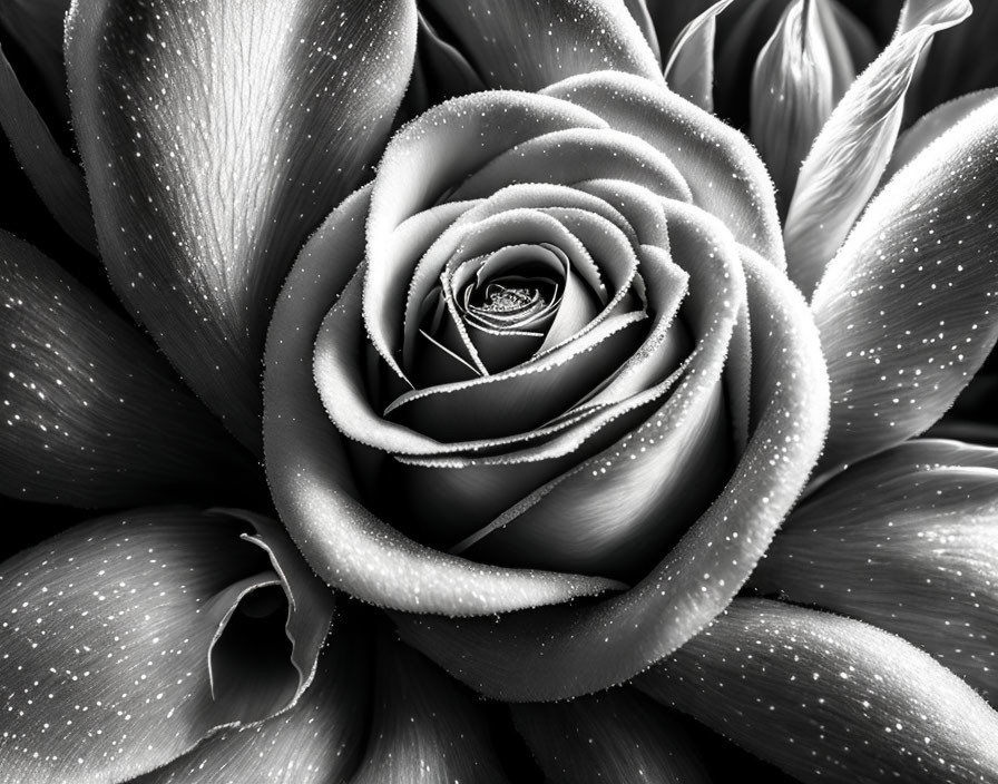 Monochrome close-up image of dew-covered rose petals