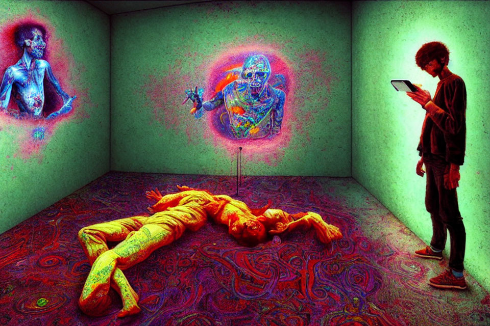 Colorful Psychedelic Scene with Person on Patterned Floor and Tablet Observer