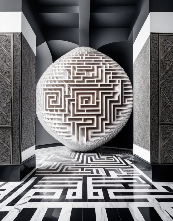 Geometric black-and-white maze sculpture in spherical form