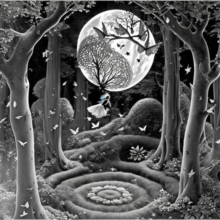 Monochromatic fantasy forest with moon, girl on swing, butterflies, and spiral foliage